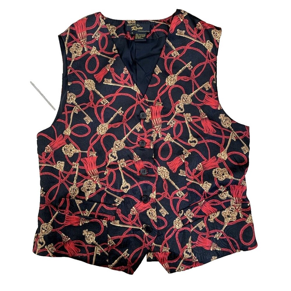 Vintage 90s Vest Red Black Key Print Suit Vest Novelty Womens Size Small S